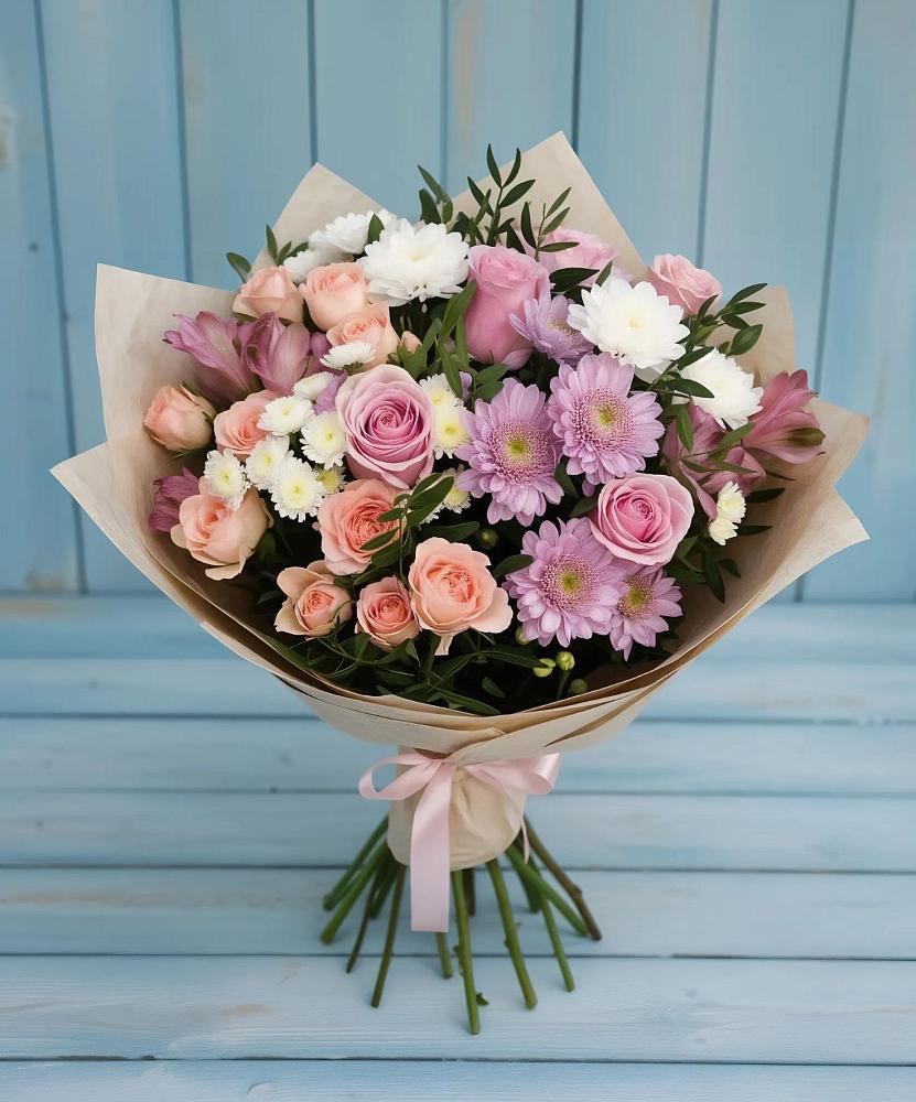 Букет цветов из: Хризантемы, Розы и Альстромерии в Саратовской