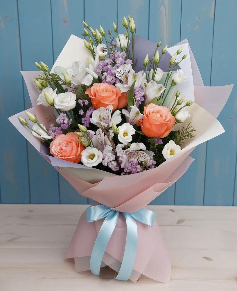 Букет цветов из: Лизиантусы, Розы, Альстромерии и Гипсофила в Саратовской
