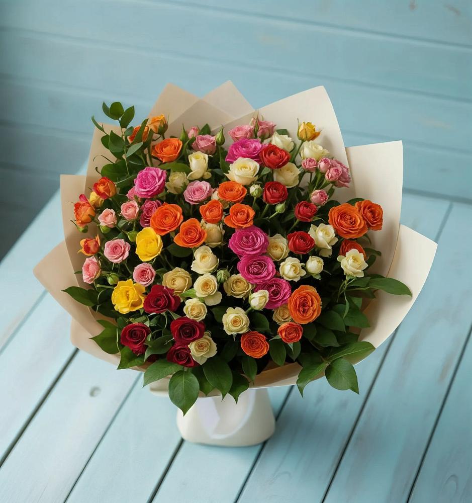 Букет Микс из разноцветных кустовых роз в Саратовской
