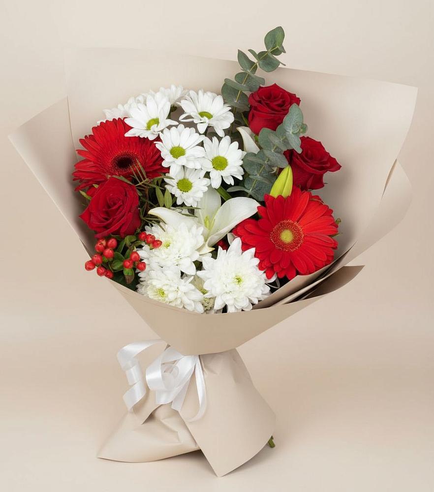 Букет цветов из: Розы, Хризантемы, Герберы и Лилии в Саратовской