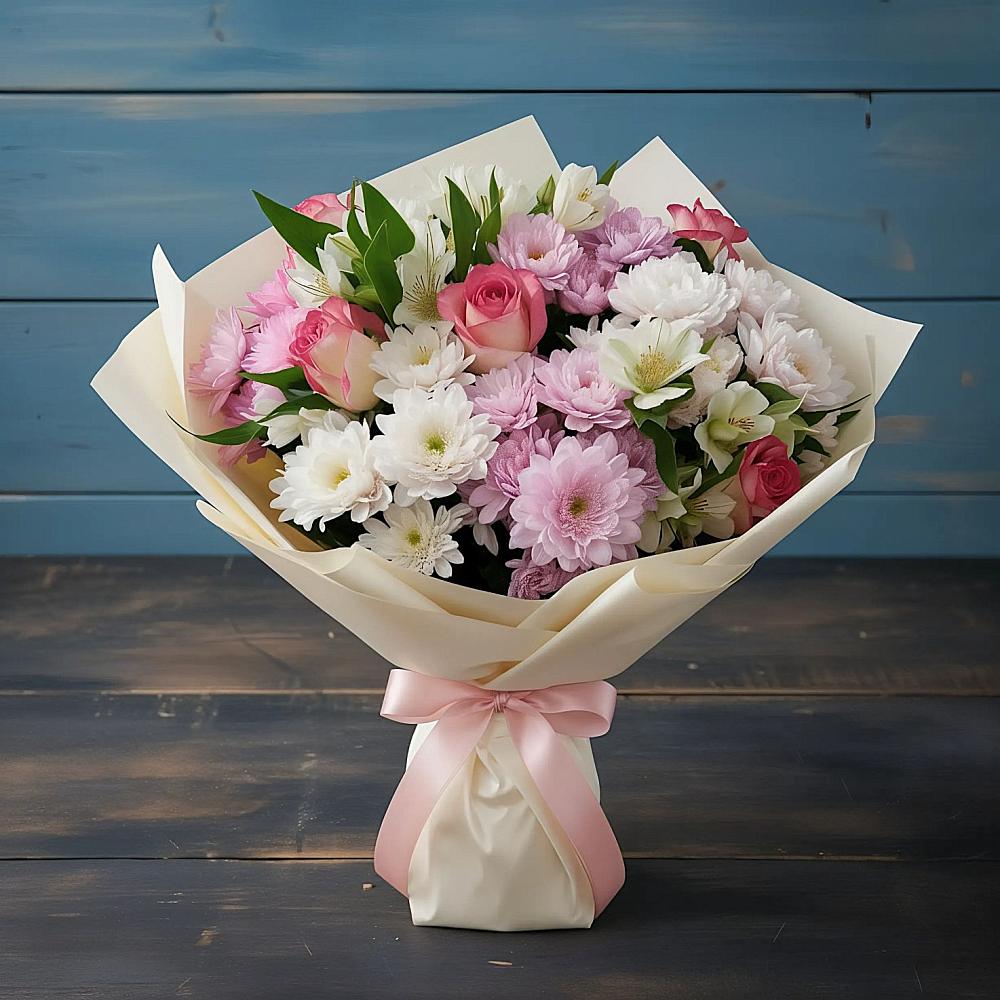 Букет цветов из: Хризантемы, Альстромерии и Розы в Саратовской